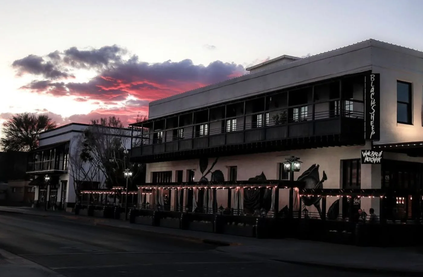 BlackSheep and the neighboring buildings along San Marcos Place in downtown Chandler at sunset